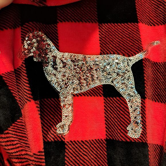 Victoria Secret Pink Robe XS Plush Plaid Sequin Dog Logo Hooded Pockets Belt Red - Picture 6 of 6